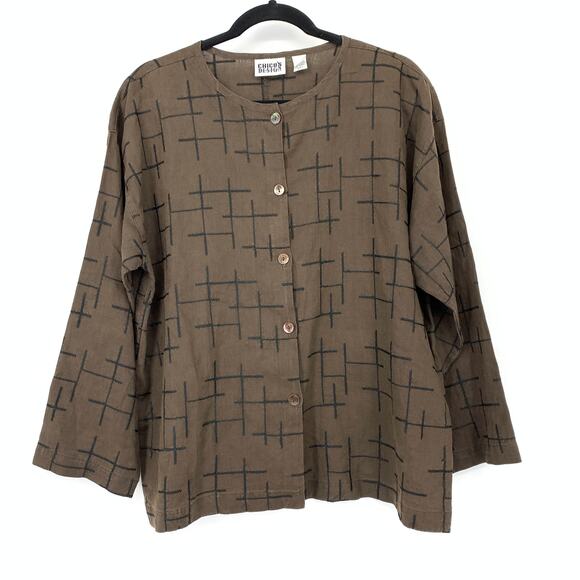 Chicos Shirt Jacket Womens Sz 2 US L Brown Linen Embroidered Line Design - Picture 1 of 5